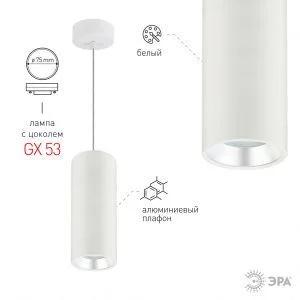 PL12 GX53 WH/SL Подсветка ЭРА Подвесной светильник под лампу GX53, алюминий, цвет белый+серебро (18/