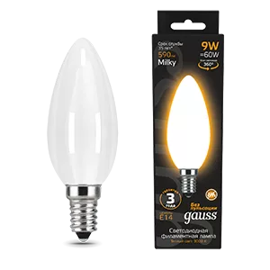 Лампа Gauss Filament Свеча 9W 590lm 3000К Е14 milky LED 1/10/50