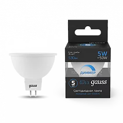 Лампа Gauss MR16 5W 530lm 6500K GU5.3 диммируемая LED 1/10/100