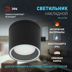 Светильник настенно-потолочный спот ЭРА WL40 BK GX53, черный, IP54