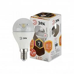 Лампочка светодиодная ЭРА LED P45-7W-827-E14-Clear E14 / Е14 7Вт шар теплый белый свет