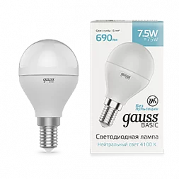 Упаковка 10 штук Лампа Gauss Basic Шар 7,5W 690lm 4100K E14 LED 1/10/100